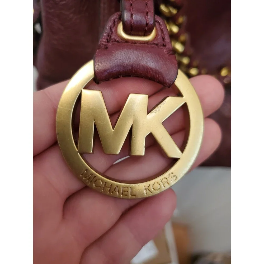 Michael Kors Burgundy Leather Slouchy Shoulder Bag Hobo Chain Gold Charm Purse
